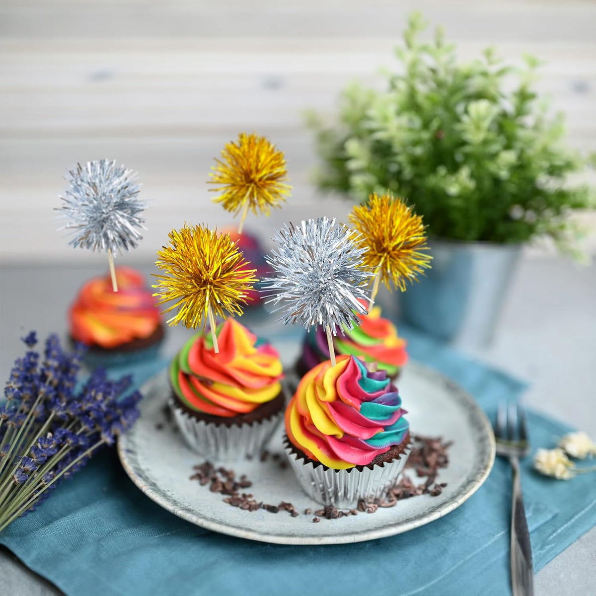 Gyufise 30Pcs Foil Firework Cupcake Toppers Sparkle Tinsel Cake Toppers Tinsel Drink Cake
