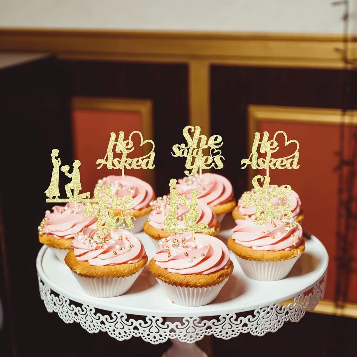 Sotpot 24PCS He Asked She Said Yes Cupcake Toppers With Heart Gold Glitter for Wedding Bridal