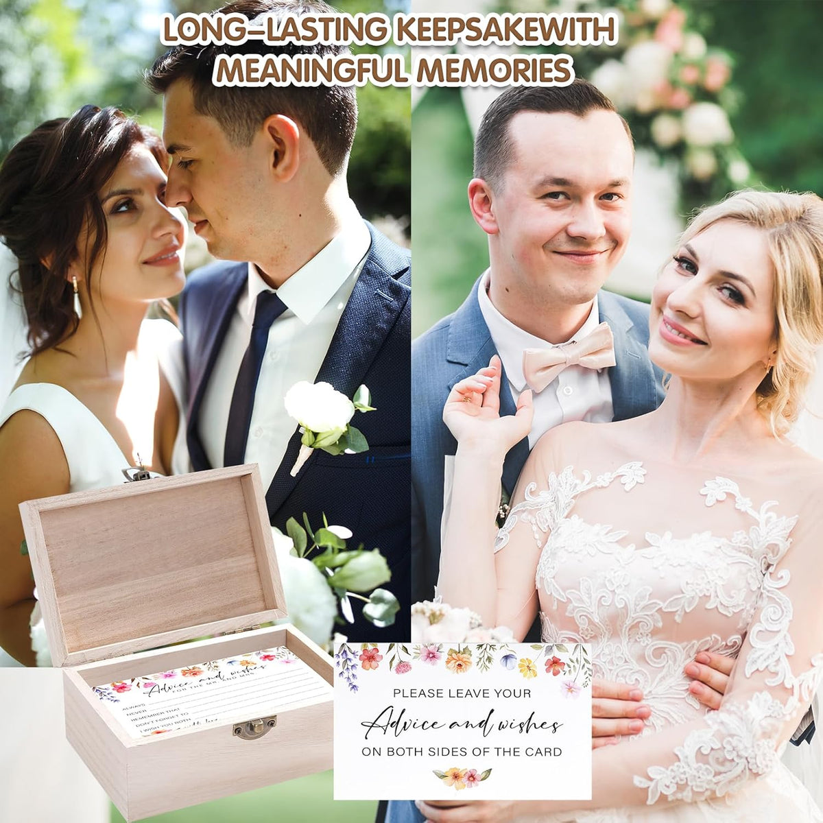 85 Pcs Advice and Wishes Cards Wooden Box Set for The Mr and Mrs,Pink Floral Rose Advice and Wishes
