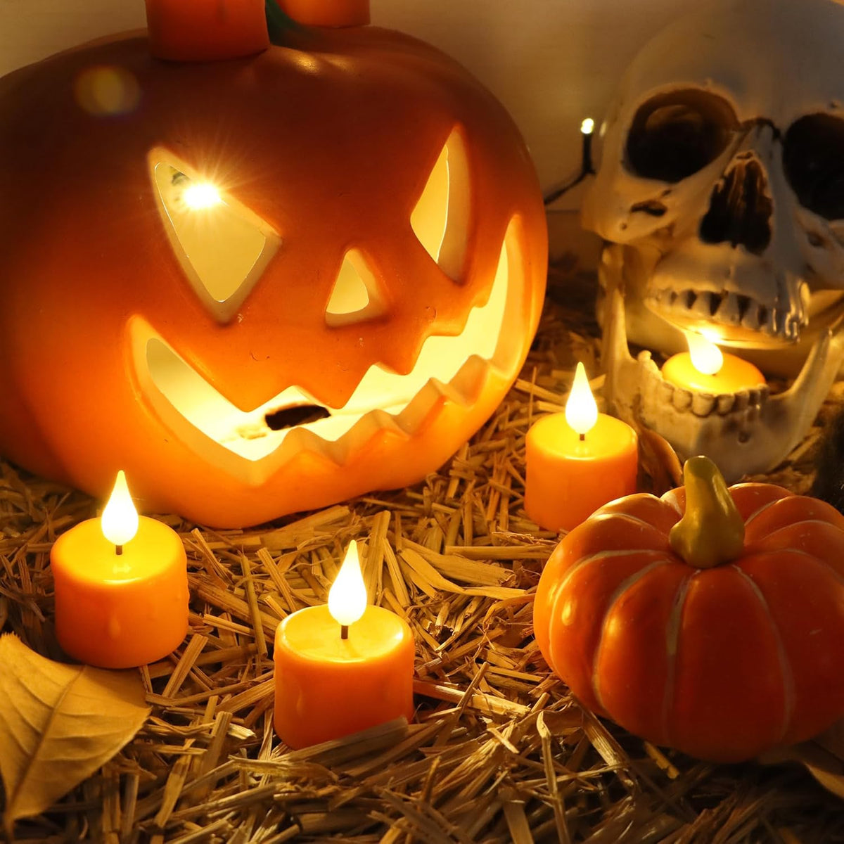 FREEPOWER Orange Halloween Candles,Rechargeable Flameless Candles with Remote Timer, Soft 3D Wick