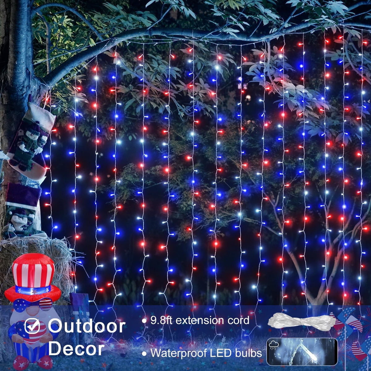 JMEXSUSS 300LED Red White and Blue Lights with Remote, 4th of July Lights Plug in, Patriots Curtain