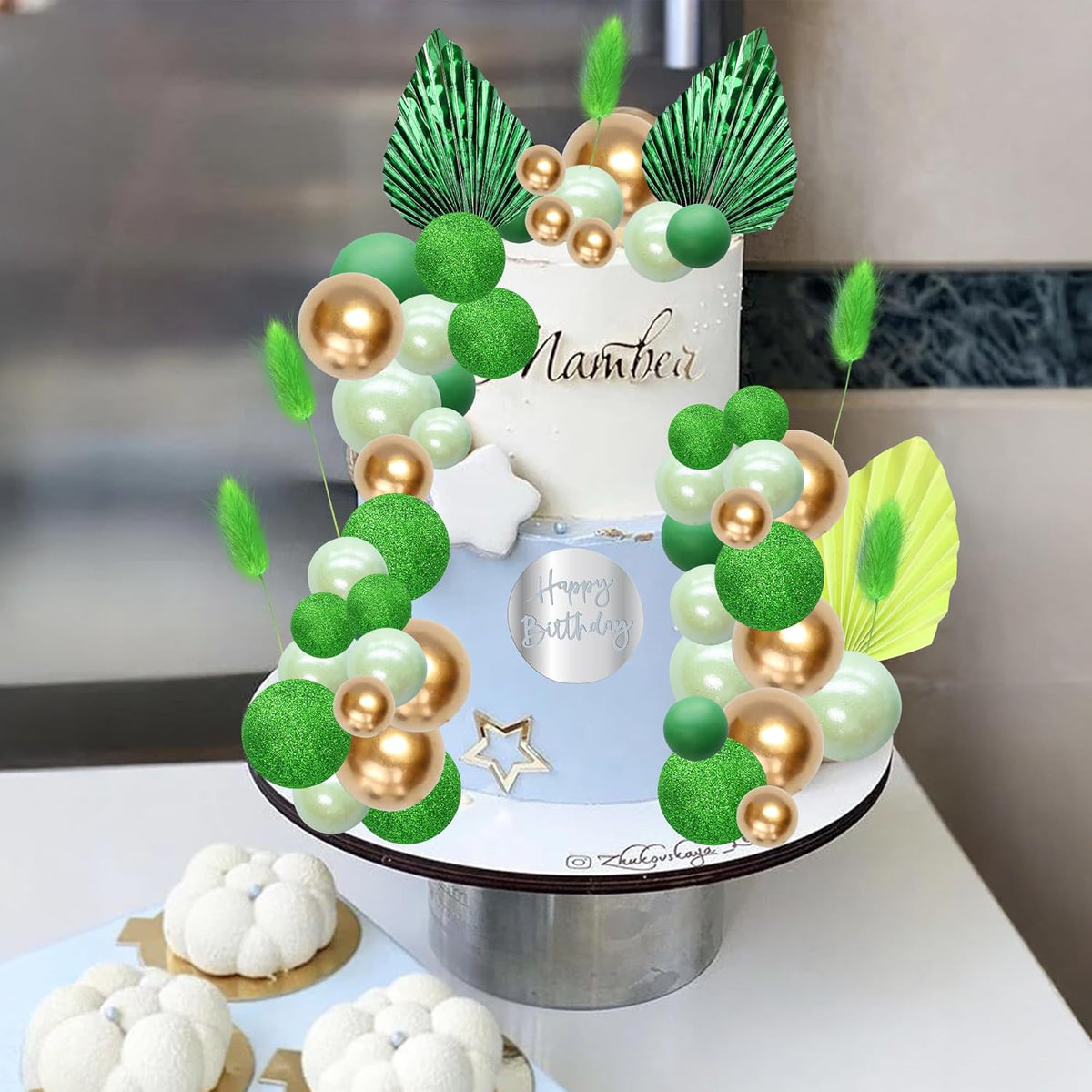 Ephlyn 33 Pack Balls Cake Toppers Boho Palm Leaves Cake Decorations Round Acrylic Happy Birthday