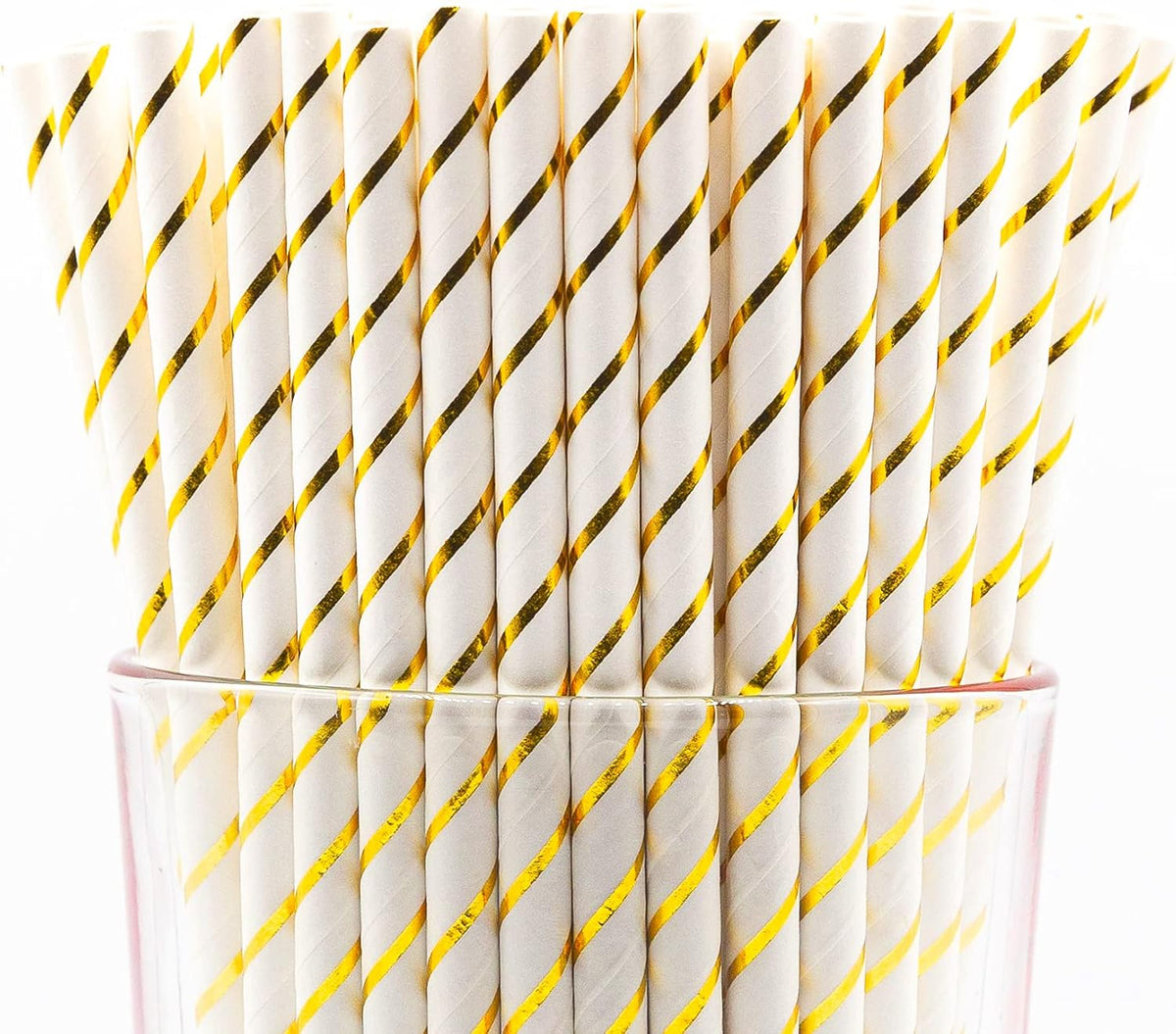 Pack of 900 Gold Foil Stripes Biodegradable 4-Ply Paper Drinking Straws (Compostable, Non-toxic