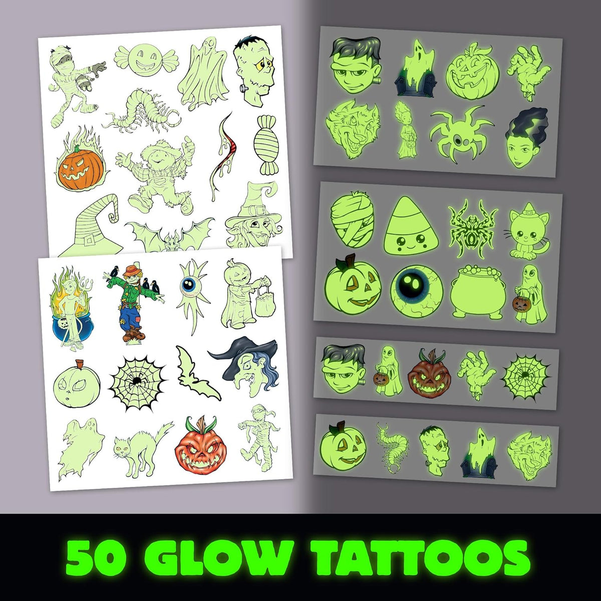 Glow in the Dark Ghost Temporary Tattoos – 50 Pack Halloween Tattoos for Kids, Spooky Party Favors