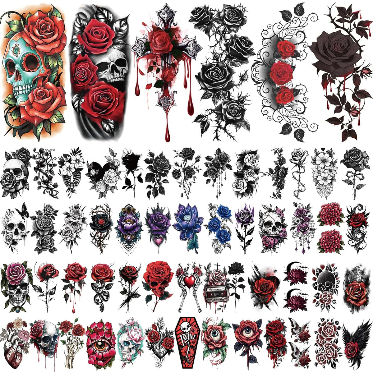 77 Sheets Skull Flower Realistic Temporary Tattoos For Women Men Adult, Large Rose Bones & Flowers