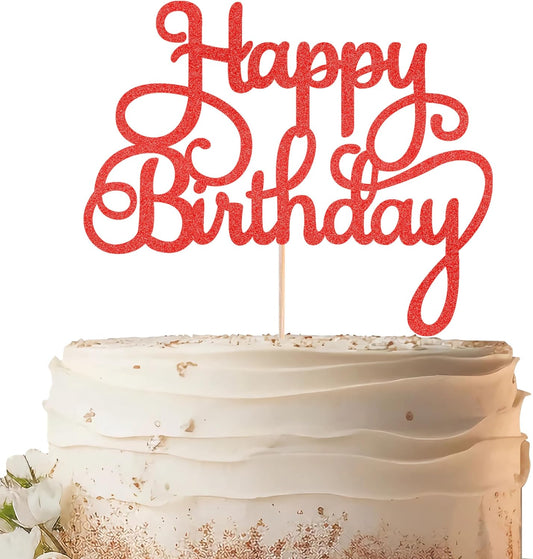 Happy Birthday Cake Topper - Red Glitter Birthday Party Cake Decoration Supplies - Happy Birthday
