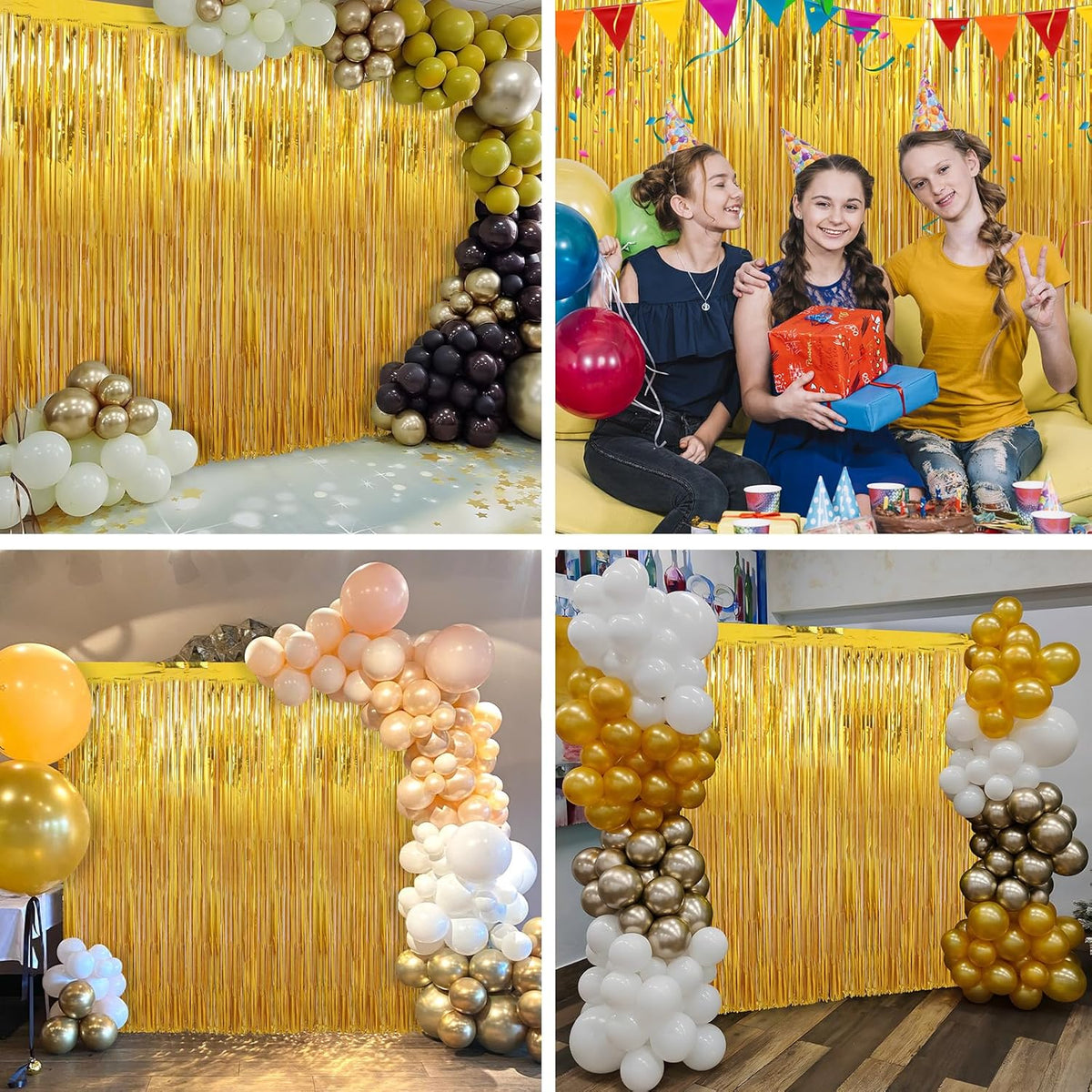 4 Pack Gold Foil Fringe Curtains Door Streamers Party Decorations 3.3 x 8.2 ft, Gold Tinsel Curtain