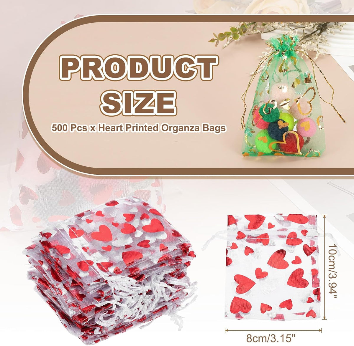PATIKIL 50 Pcs 3x4 Inch Heart Printed Organza Bags, Red Sheer Heart Organza Bags with Drawstring