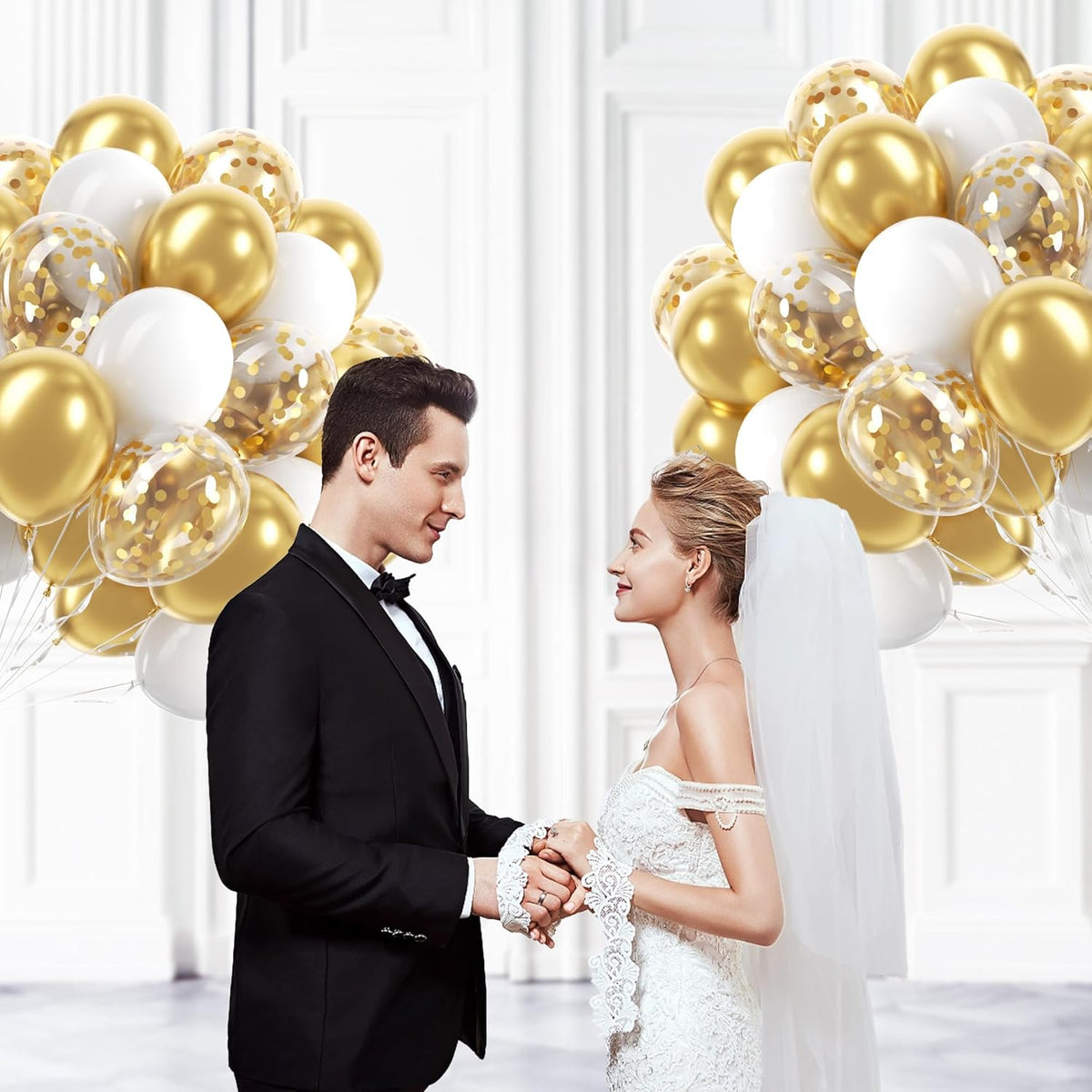 60pcs Gold and White Balloons 12inch, White and Gold Balloons with Metallic Gold Confetti Balloons
