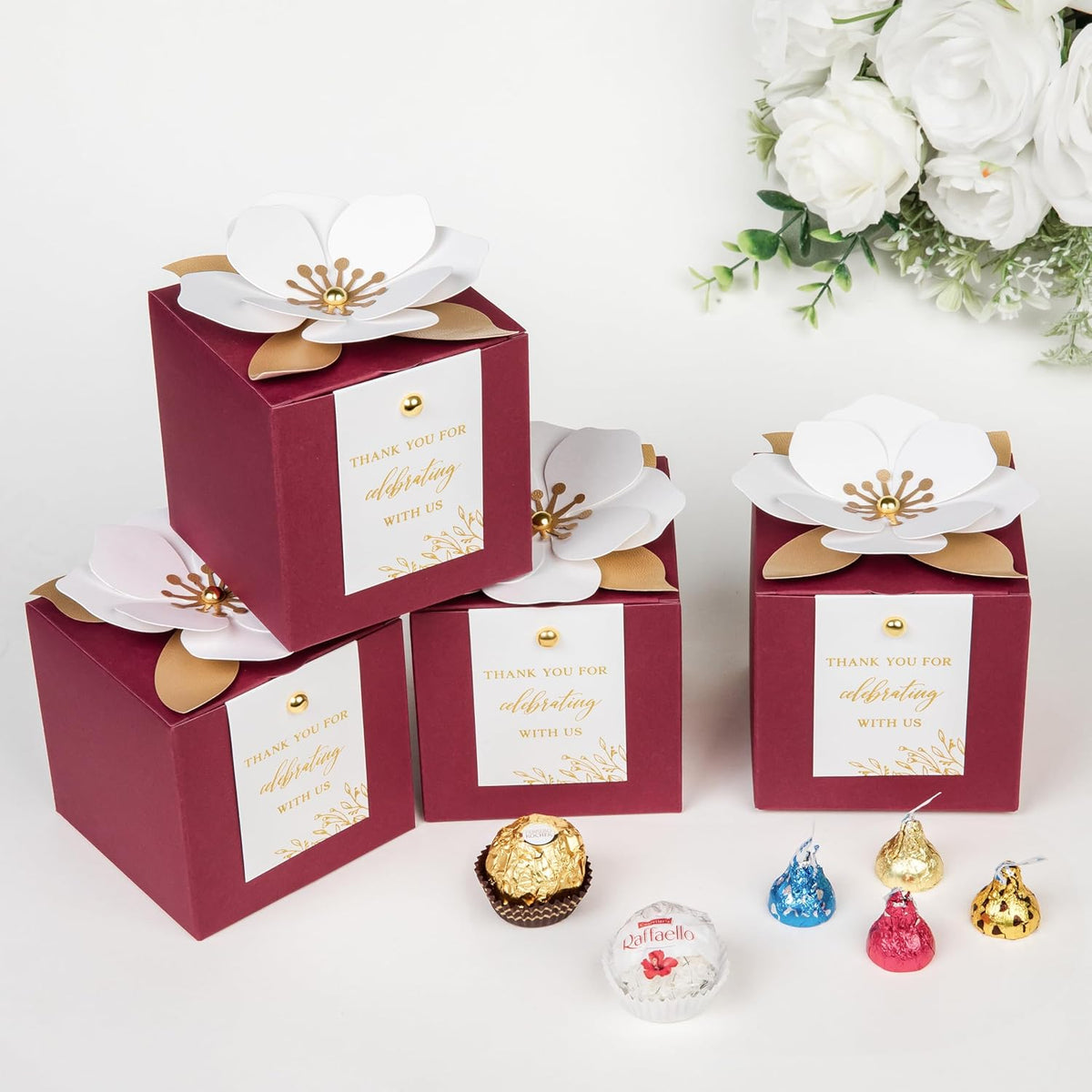 FEIYI 20 PCS Burgundy Gift Boxes, 3 In 1 Favor Boxes with Floral Decor, White Thank You Tags