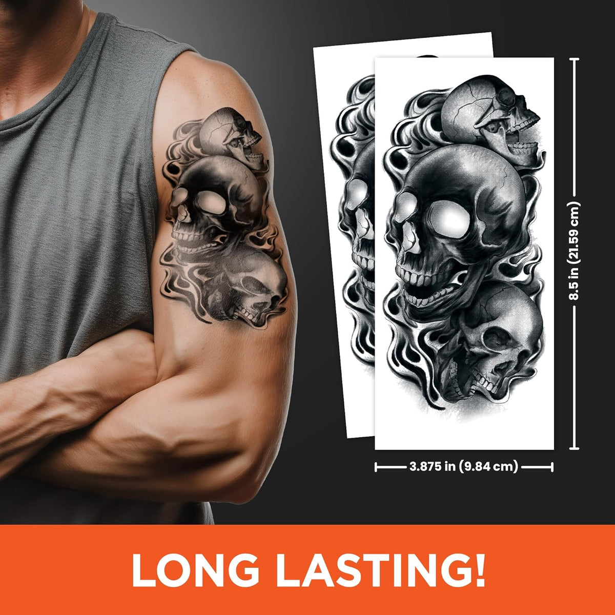 Skull Temporary Tattoo Sleeves – Realistic Full Arm Fake Tattoos for Men & Women, Slip-On Sleeve