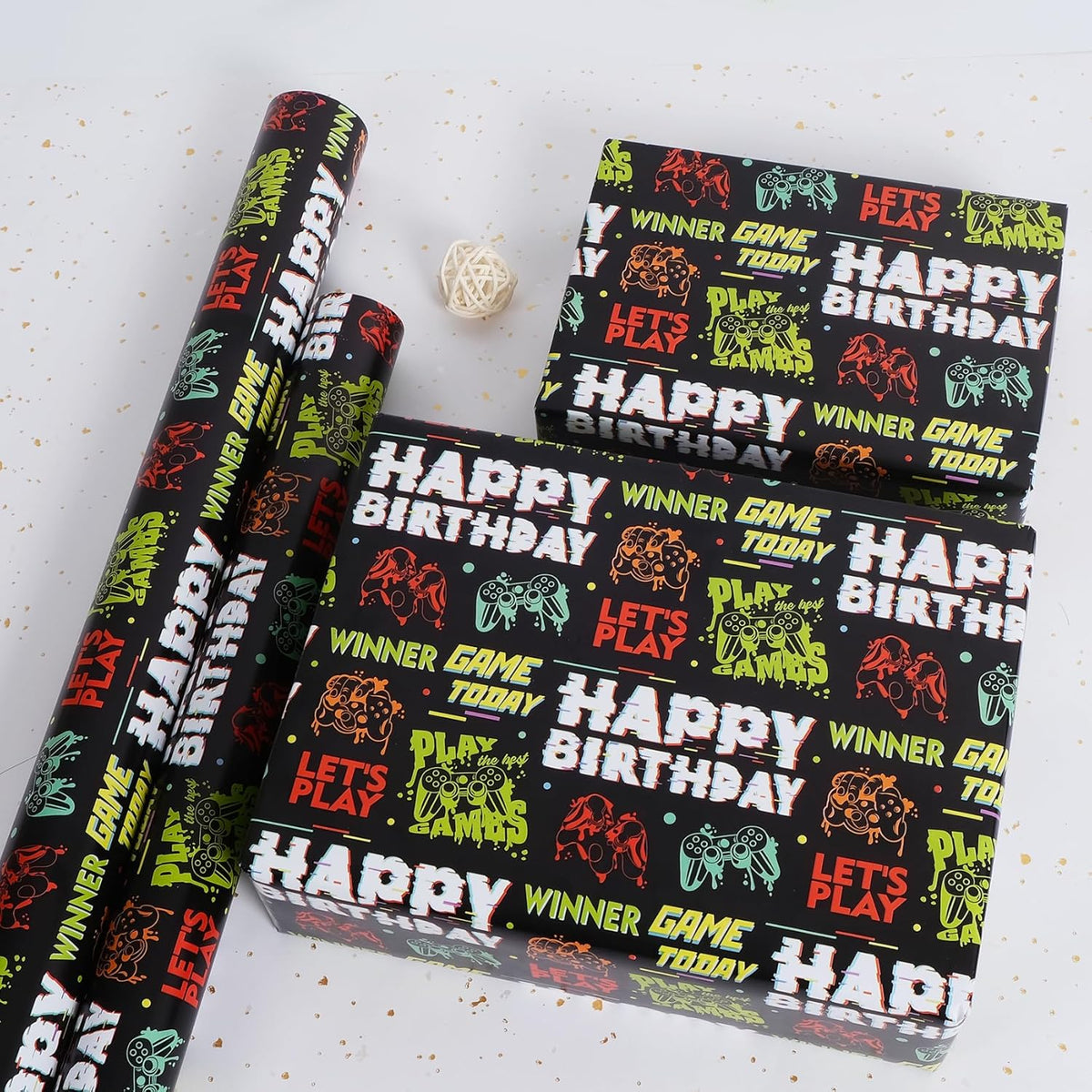 Aimyoo Gaming Birthday Wrapping Paper Roll - 17 Inch X 16.4 Feet - Black Happy Birthday Video Game