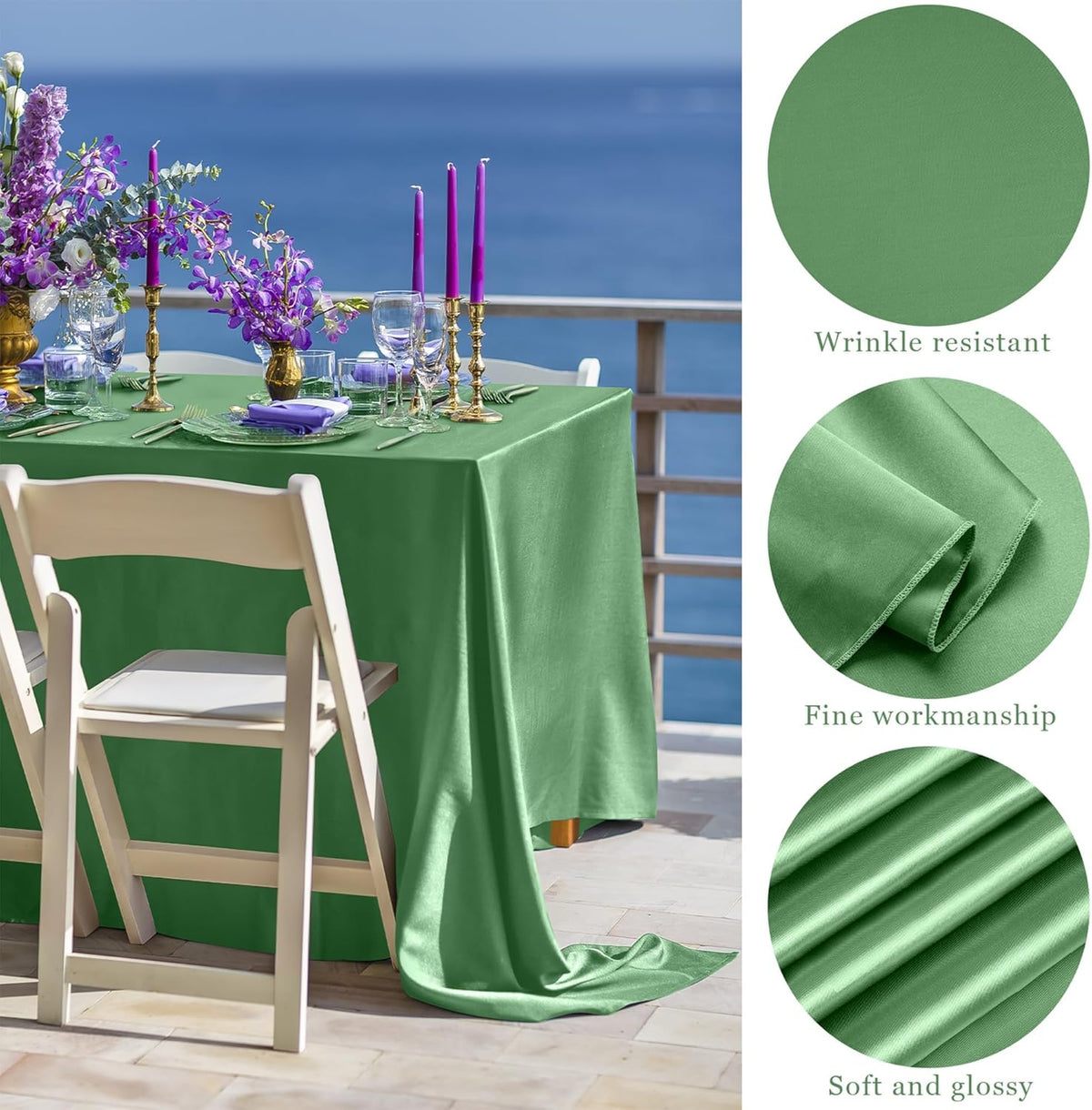 TURSTIN 4 Packs Gradient Sage Green Satin Tablecloth 102 x 58 Inch Overlay Satin Table Cover