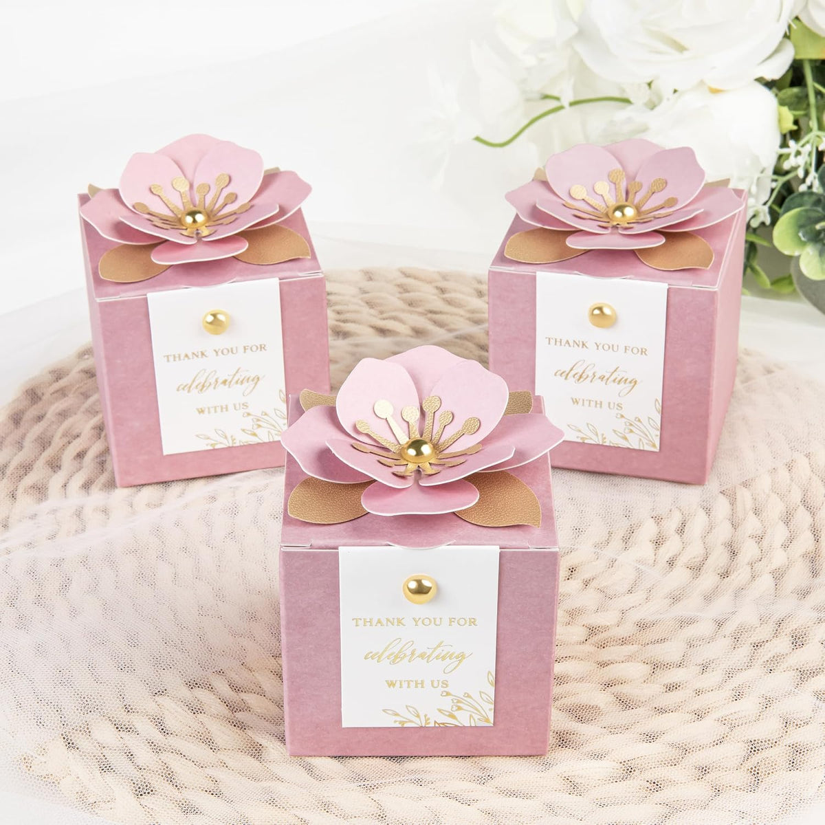 FEIYI 20 PCS Favor Boxes, 3 In 1 Dusty Rose Candy Boxes with Floral Decor, White Thank You Tags