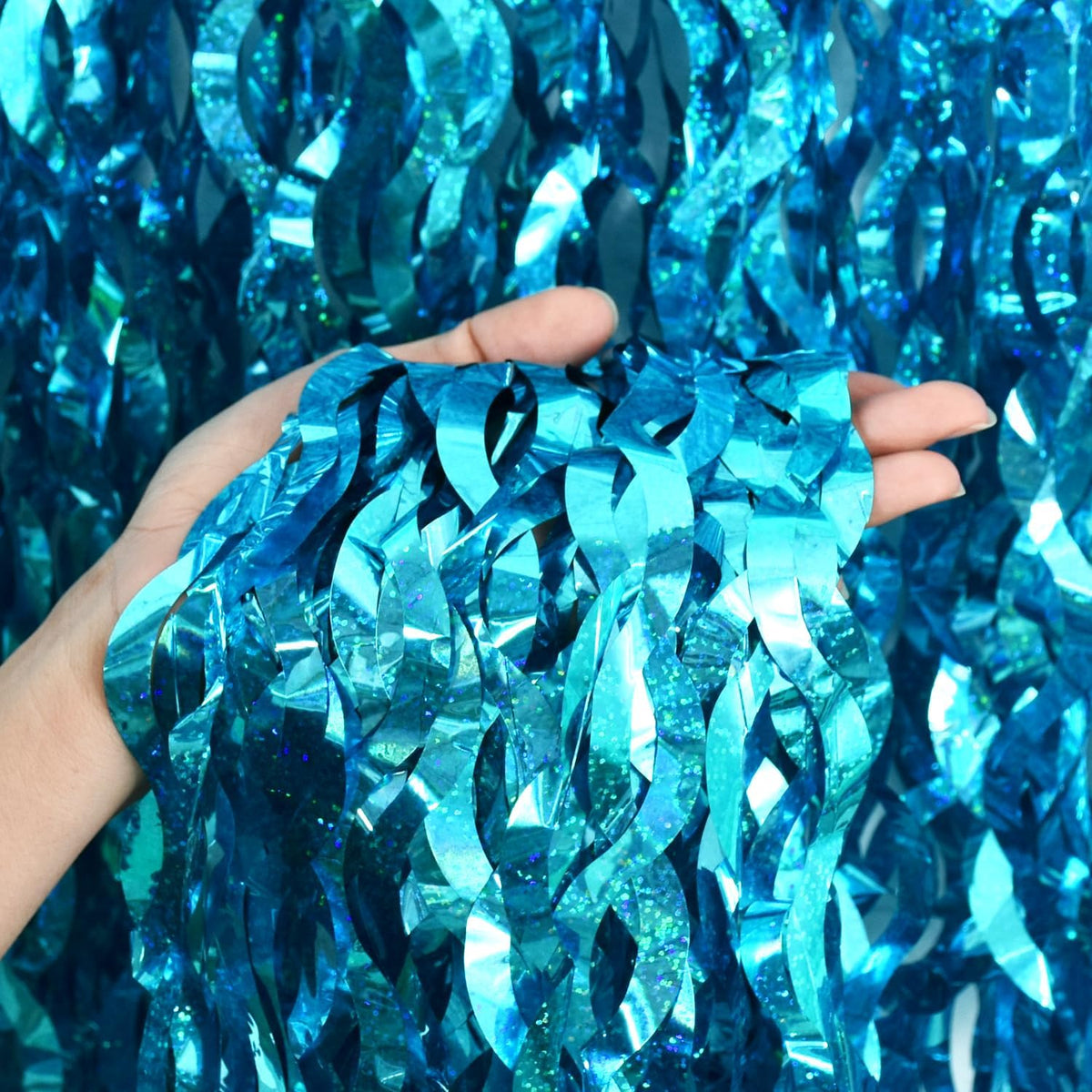 TONIFUL 3Pcs Wavy Metallic Tinsel Foil Fringe Curtains Teal Blue Streamer Backdrop for Photo Booth