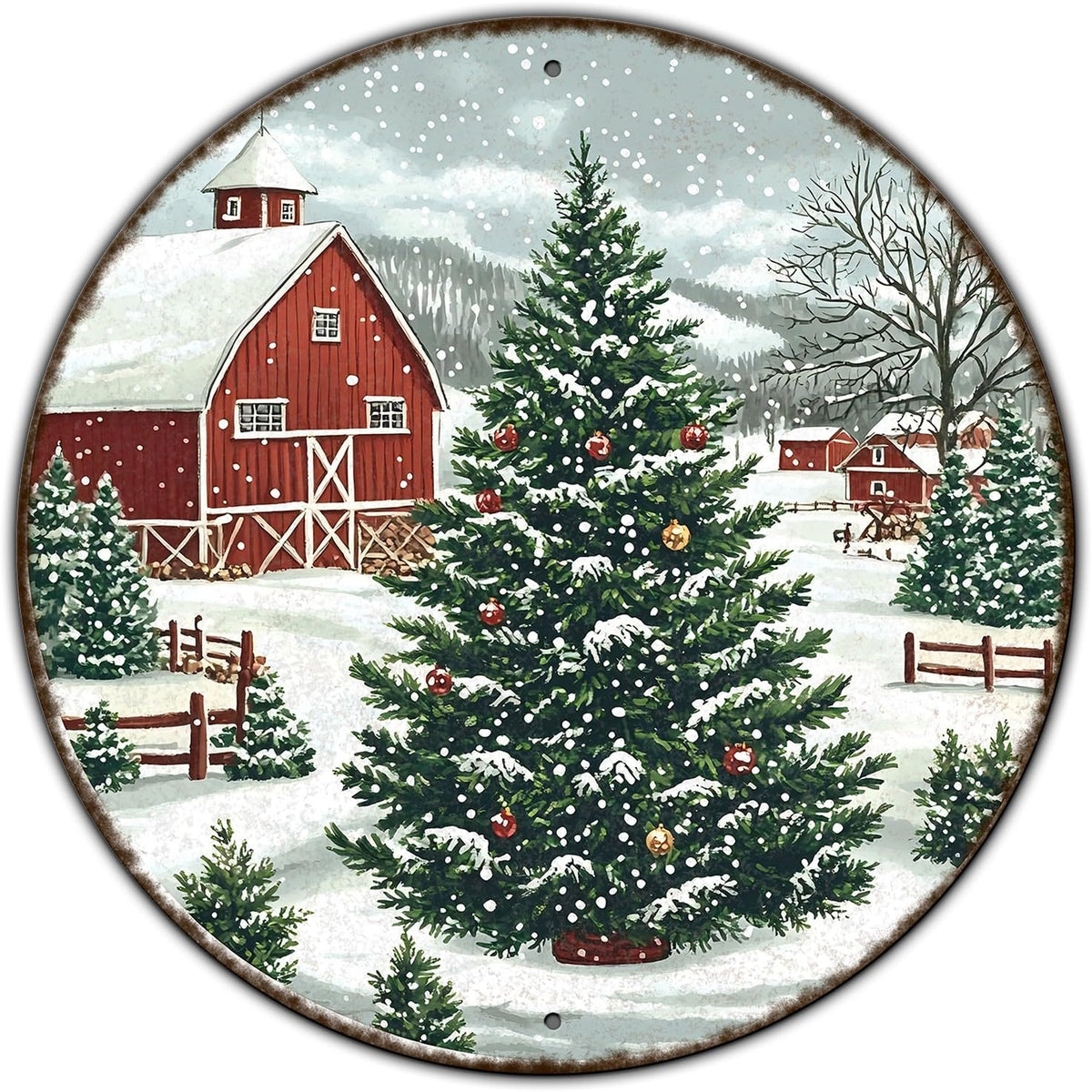 Round Christmas Trees Barn Metal Tin Sign Christmas Vintage Tin Sign for Kitchen Cafe Bar Farmhouse