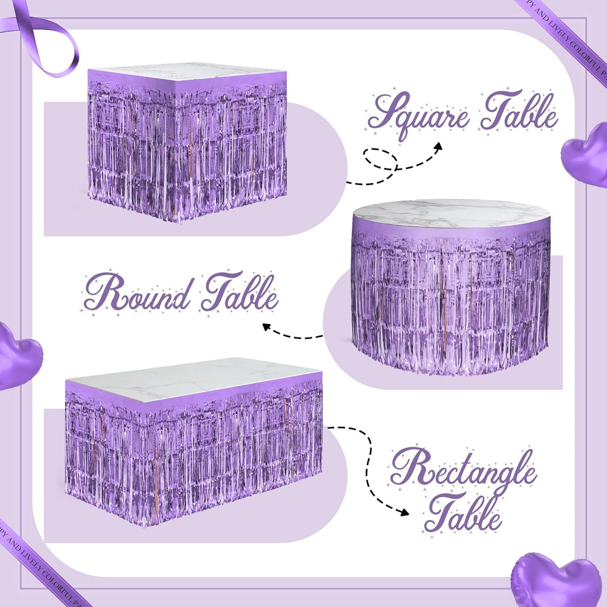 1 Pack Light Purple Table Skirts, 29x108" Metallic Foil Tinsel Fringe Table Skirts for Rectangle