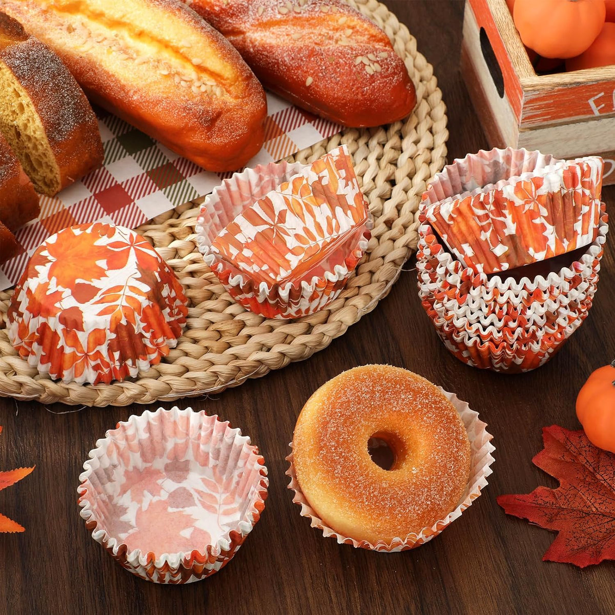 Whaline 300Pcs Fall Cupcake Liners Orange Maple Leaves Paper Baking Cups Thanksgiving Watercolor