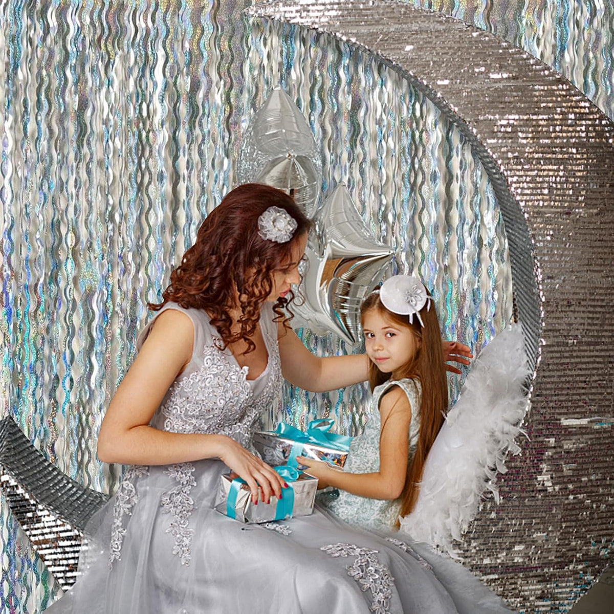 Tinsel Foil Fringe Curtains Wavy Backdrop for Parties Sparkle Metallic Wavy Foil Fringe Backdrop