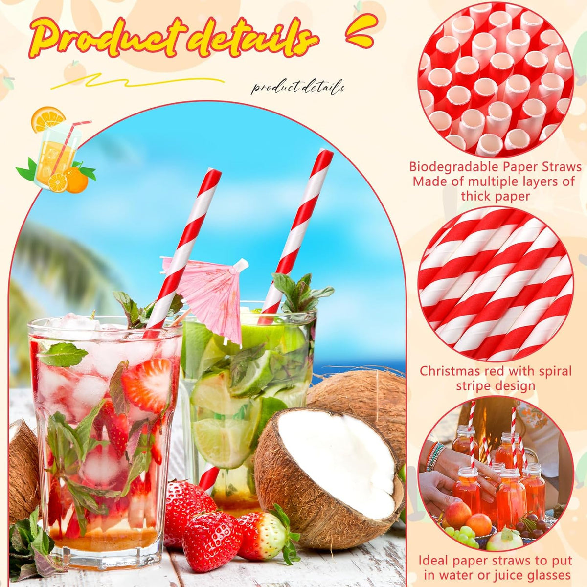 Eaasty 1200 Pcs Colored Paper Straws Bulk Disposable Striped Drinking Paper Straws for Summer