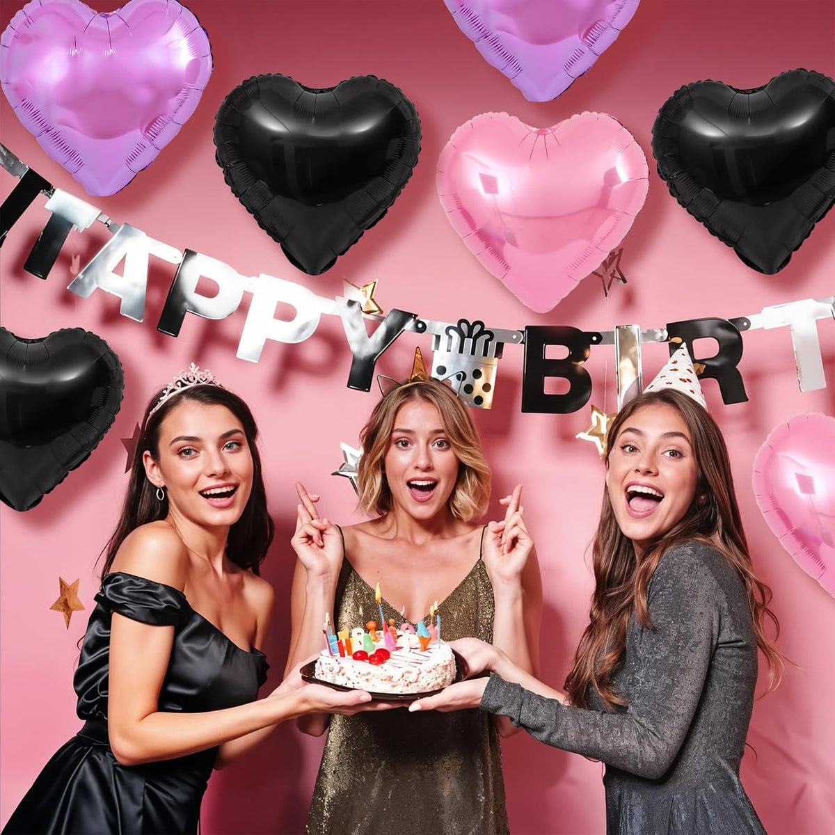Pink Purple Heart Balloons,12Pcs Black Pink Heart Shaped Foil Balloons,18Inch Purple Pink Helium