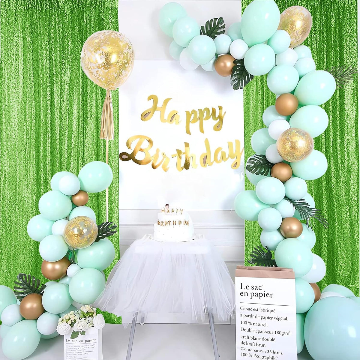Hahuho Light Green Sequin Backdrop Curtain, 4PCS 2FTx8FT Glitter Backdrop Curtain for Parties