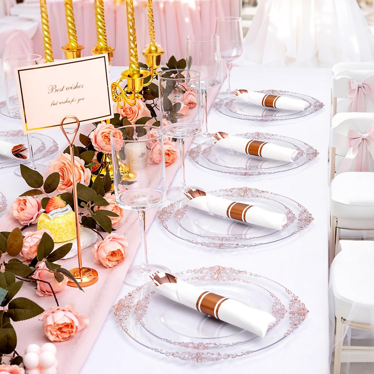 400PCS Pre Rolled Rose Gold Plastic Silverware Sets - Heavy Duty Rose Gold Cutlery - Include 100