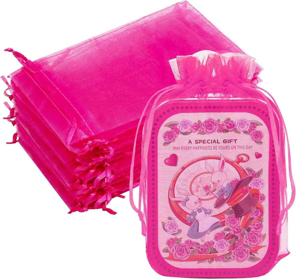 50 Pcs Hot Pink Organza Gift Bags 6x9 Inch, Mesh Bags Drawstring Jewelry Pouch Bags Goody Bags for