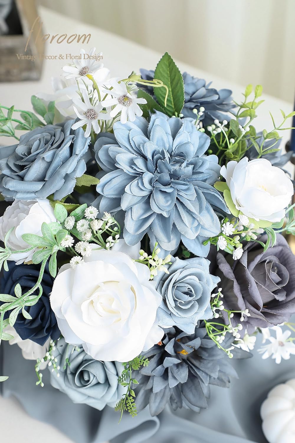 Floroom Dusty Blue Navy Artificial Flowers Fake Roses Peonies Dahlias and Greenery Combo Box Set