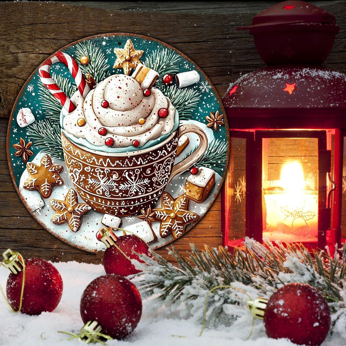 Round Christmas Signs Hot Cocoa Bar Metal Tin Sign Christmas Decor For Home Vintage Christmas