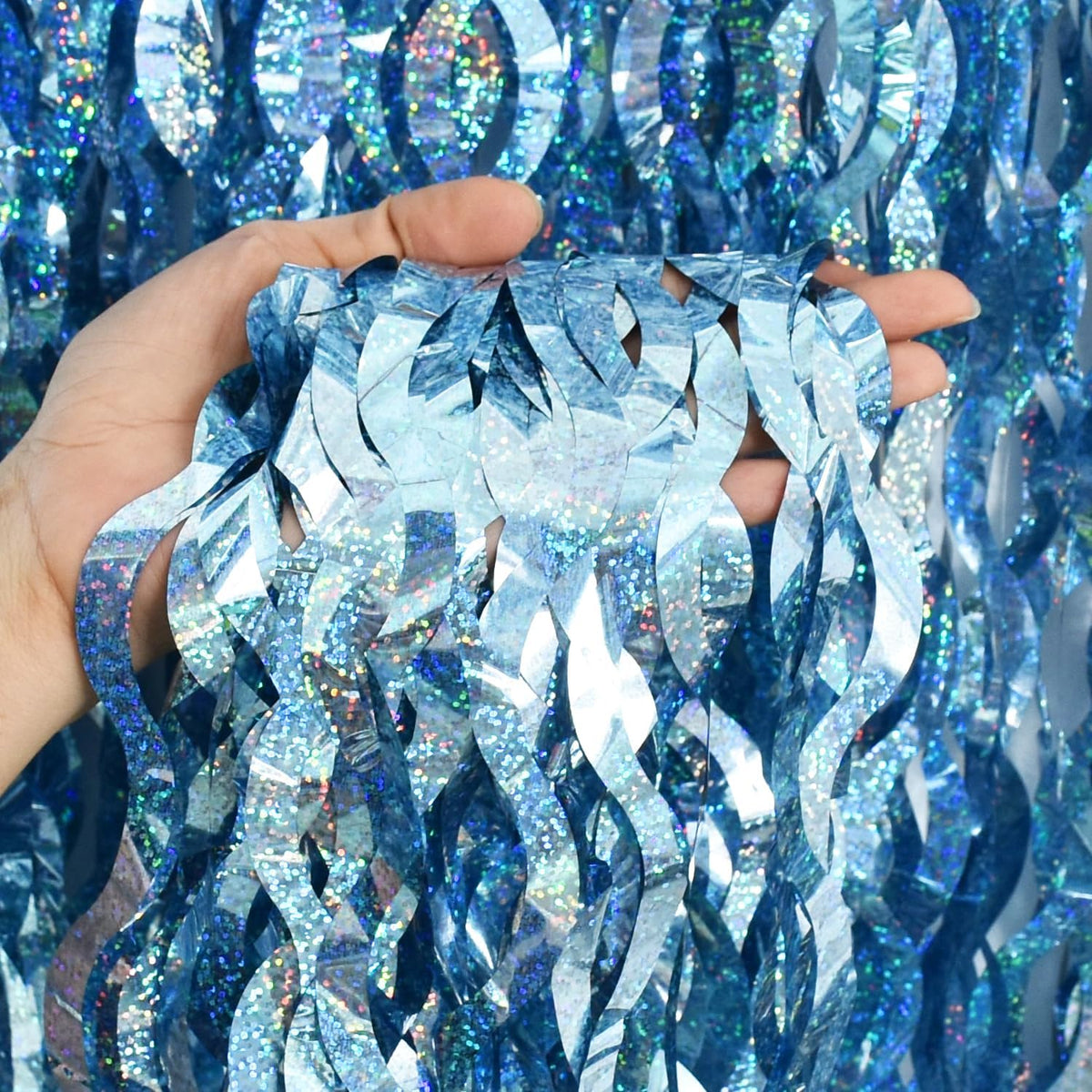 TONIFUL 3Pcs Wavy Metallic Tinsel Foil Fringe Curtains Light Blue Streamer Backdrop for Photo Booth