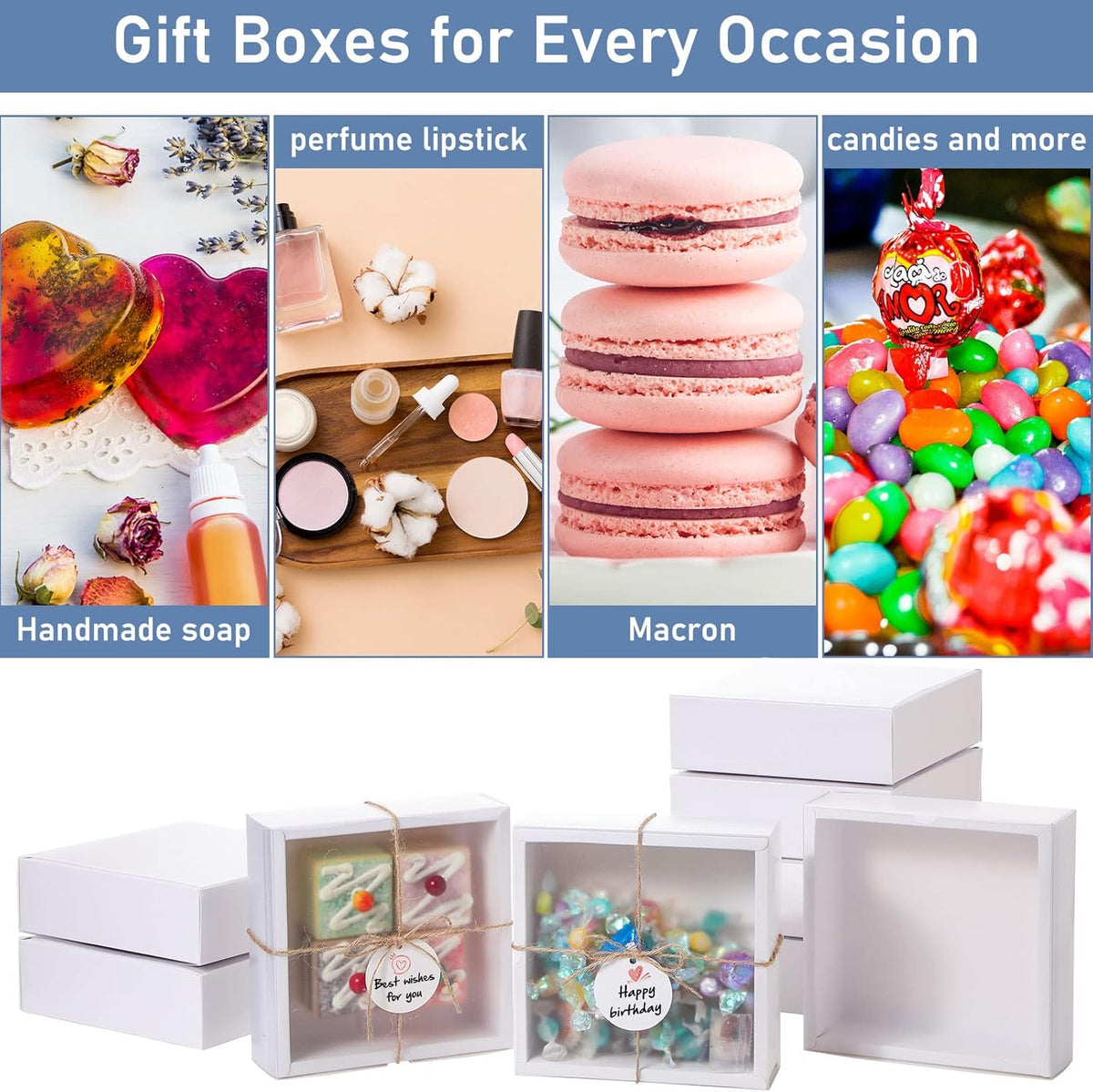 Roowest 50 Sets Kraft Soap Boxes Rectangle Packaging Box with Window Homemade Gift Box with Blank