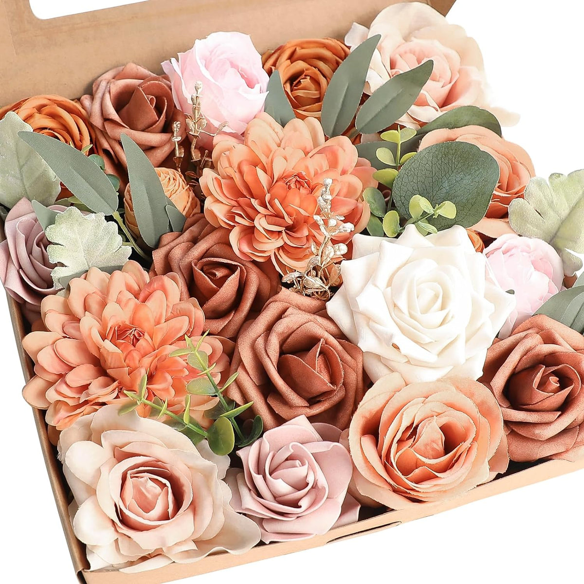 Floroom Terracotta Artificial Flowers Burnt Orange Fake Roses Peonies Dahlias and Greenery Combo