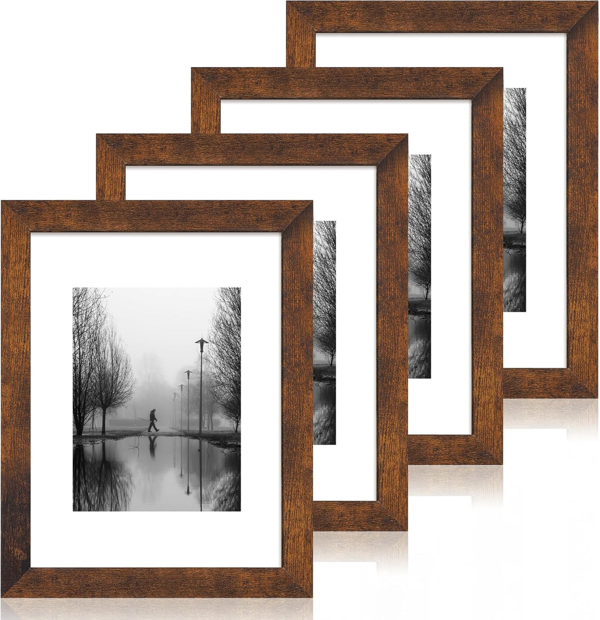 9x12 Picture Frame Set of 4 with Tempered Glass, Wooden Rustic Frame Display 6x8 Pictures with Mat