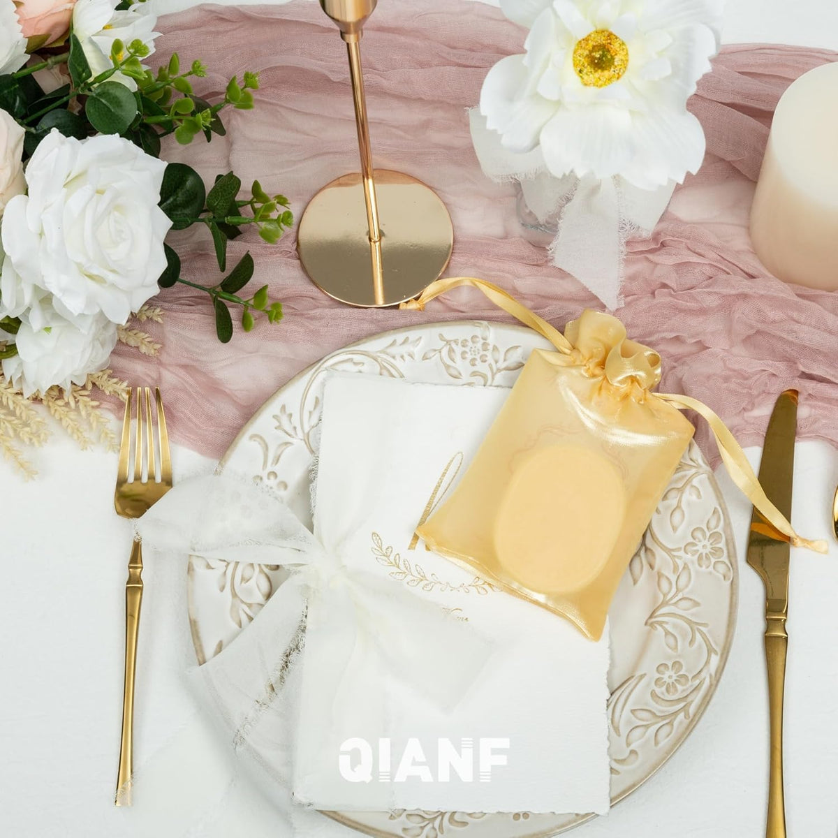 QIANF 20 Pcs Gold Small Organza Bags 4X6 inch for Wedding Favors with Drawstring, Mini Mesh Gift