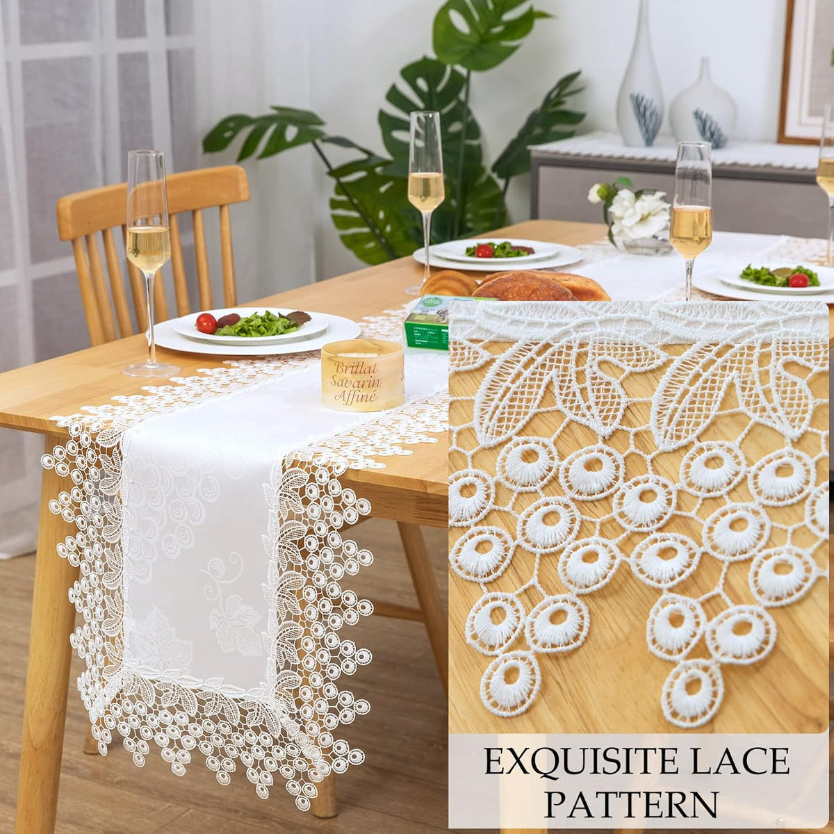 White lace Premium Rectangle Farmhouse Table Runner Waterproof OilProof SpillProof AntiShrink Soft
