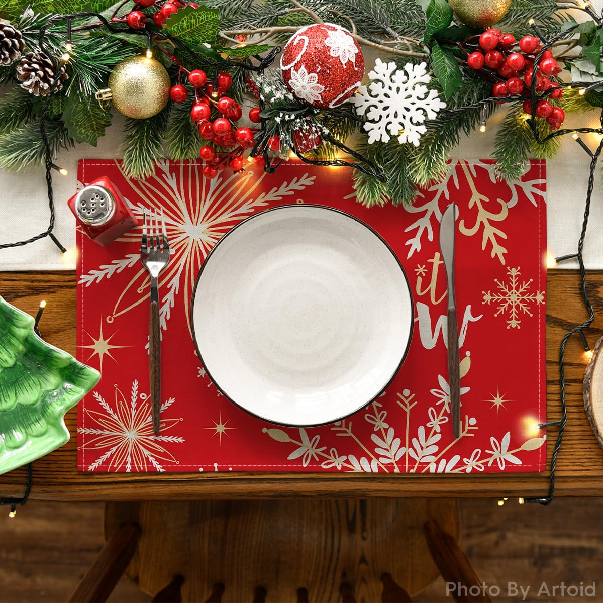 Artoid Mode Red Snowflake Let It Snow Winter Placemats for Dining Table, 12 x 18 Inch Seasonal