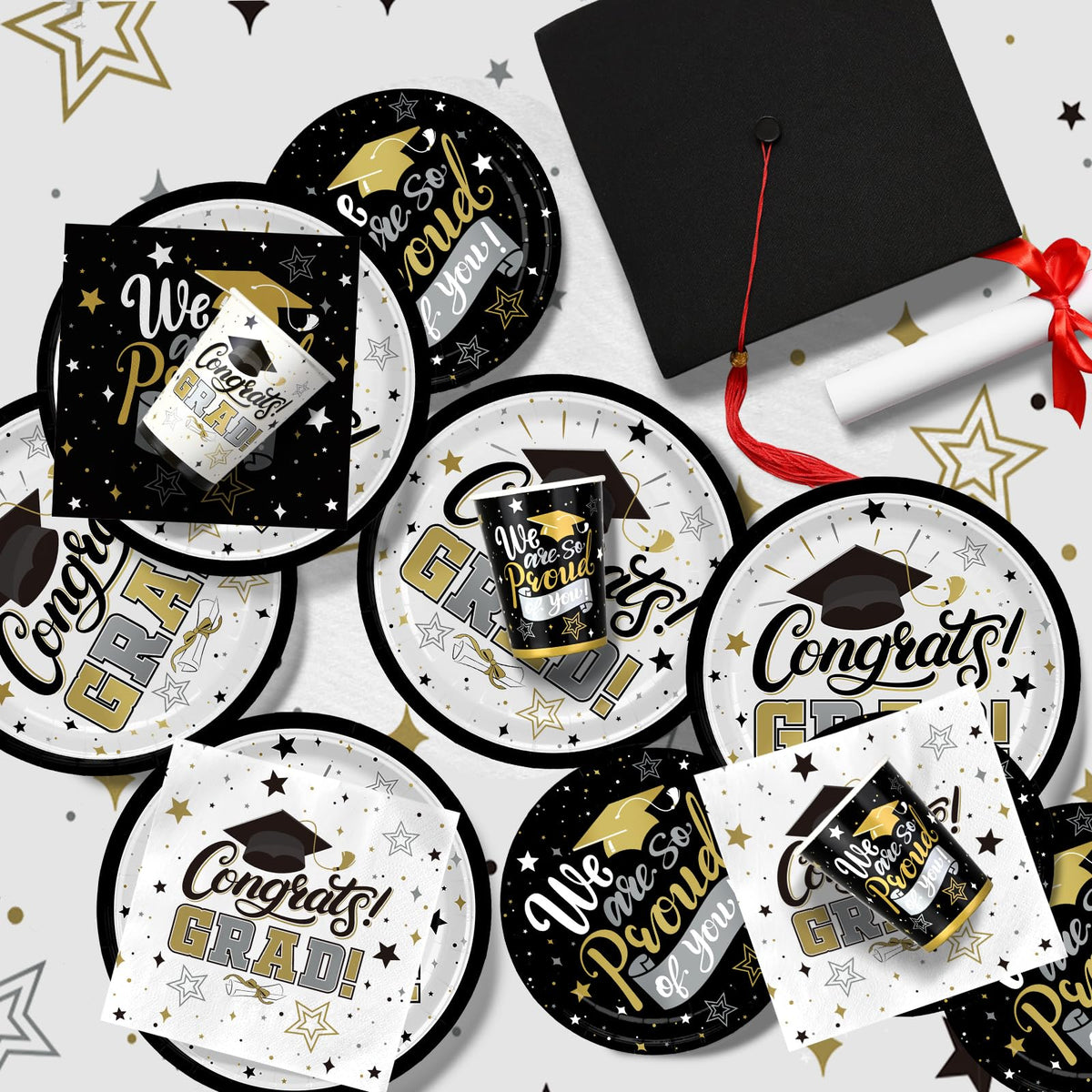 Graduation Decorations 2026 Black and Gold Grad Party Supplies with Disposable Plates, Napkins