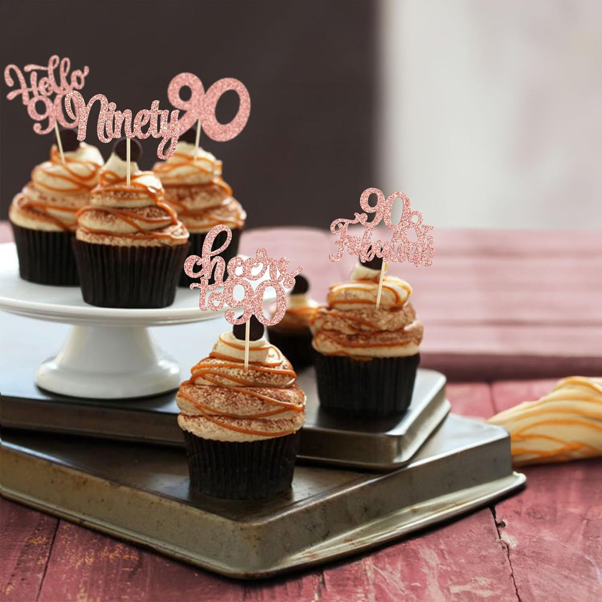 Gyufise 30pcs Happy 90th Birthday Cupcake Toppers - Rose Gold Glitter Ninety Cheers to 90 Years Old