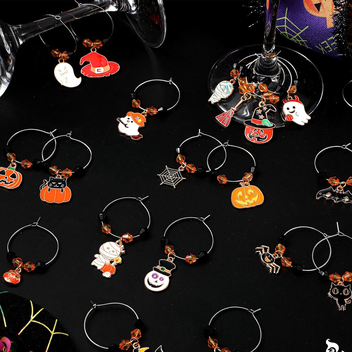 Inbagi 24 Pcs Halloween Wine Glass Charms Halloween Enamel Wine Charms Pendant Pumpkin Witch Hat