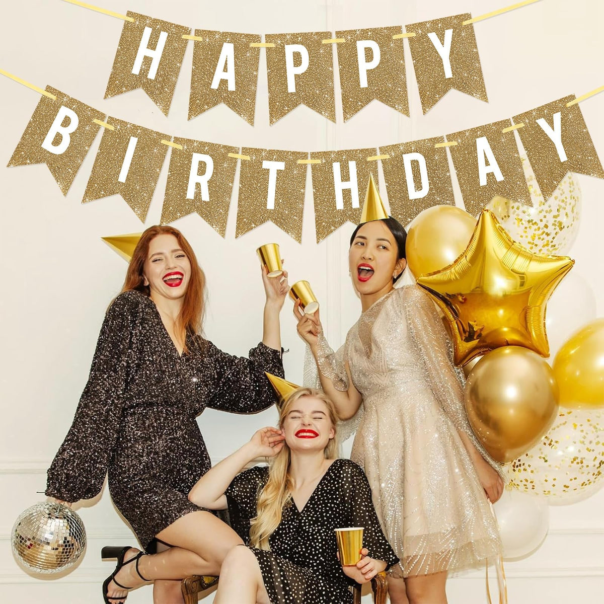 Netnology Pre-Strung Gold Glitter Happy Birthday Banner Decorations