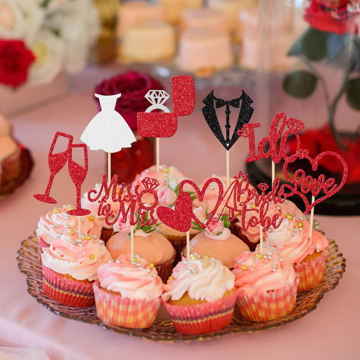 30 PCS Bride to Be Cupcake Toppers Glitter Miss to Mrs I Do Love Heart Ring Cupcake Picks Wedding