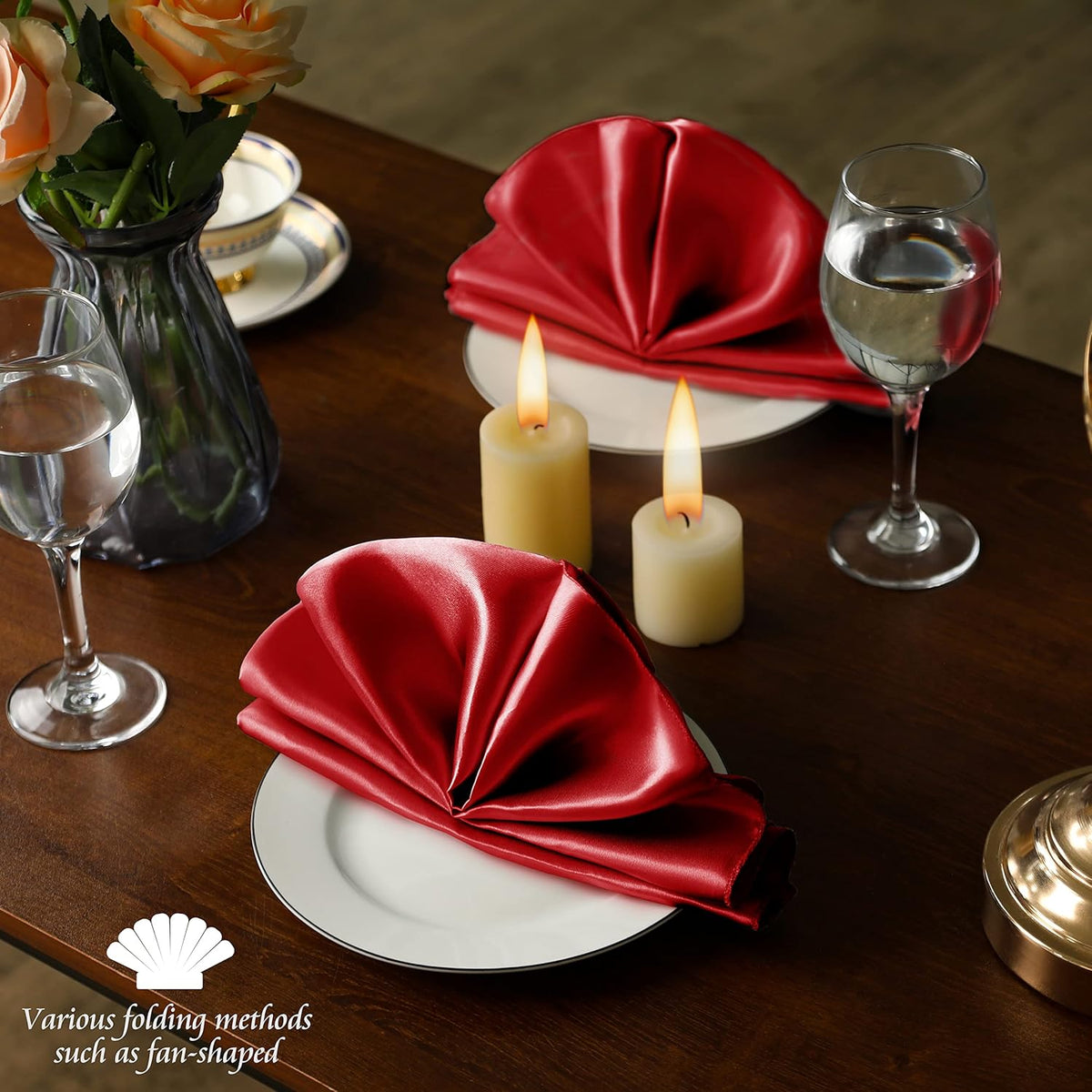 Manyshofu 50 Pieces Red Satin Napkins - 12x12 Inches Cloth Napkins, Square Satin Fabric Napkin Set
