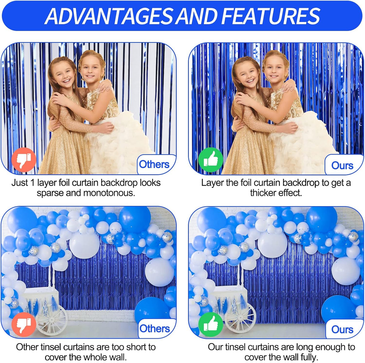 Crosize 2 Pack 3.3 x 9.9 ft Dark Blue Foil Fringe Curtains Party Decorations, Blue Tinsel Curtain