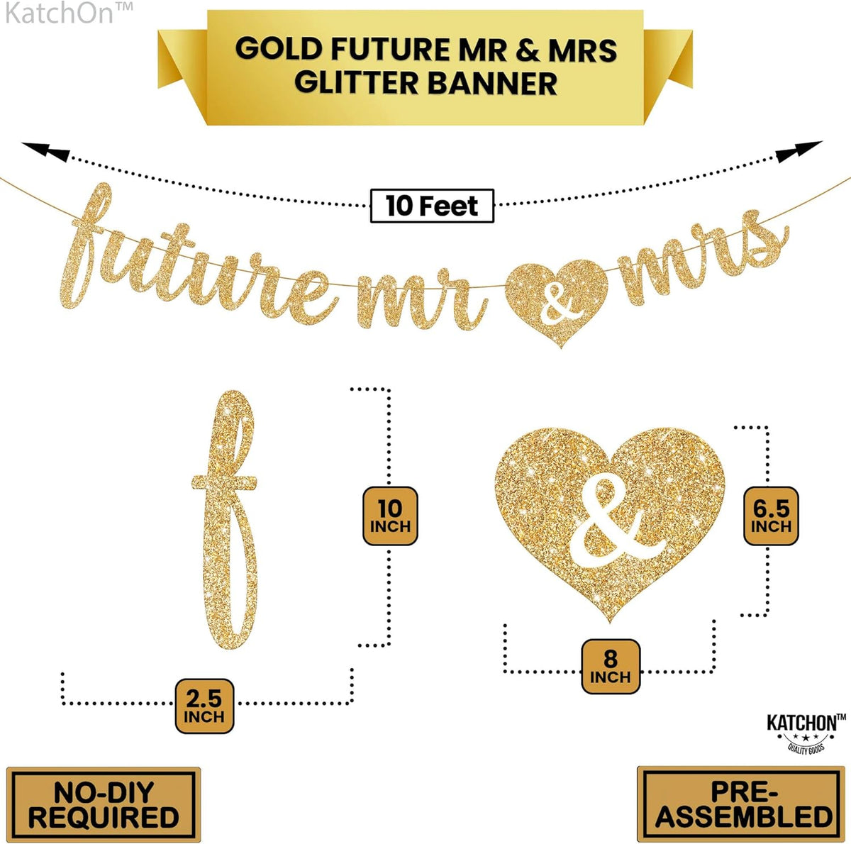 KatchOn, Gold Glitter Future Mr & Mrs Banner - 10 Feet, Pre-Strung, No DIY | Future Mr and Mrs