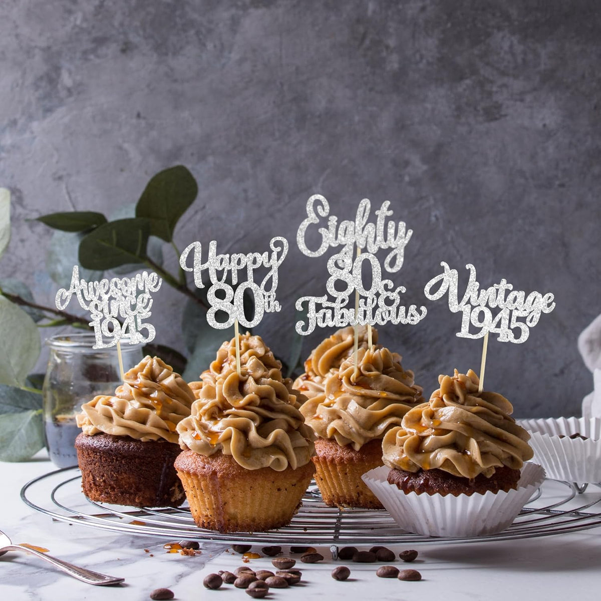 30Pcs Happy 80th Birthday Cupcake Toppers Glitter Awesome Since 1945 Eighty 80 Fabulous Vintage