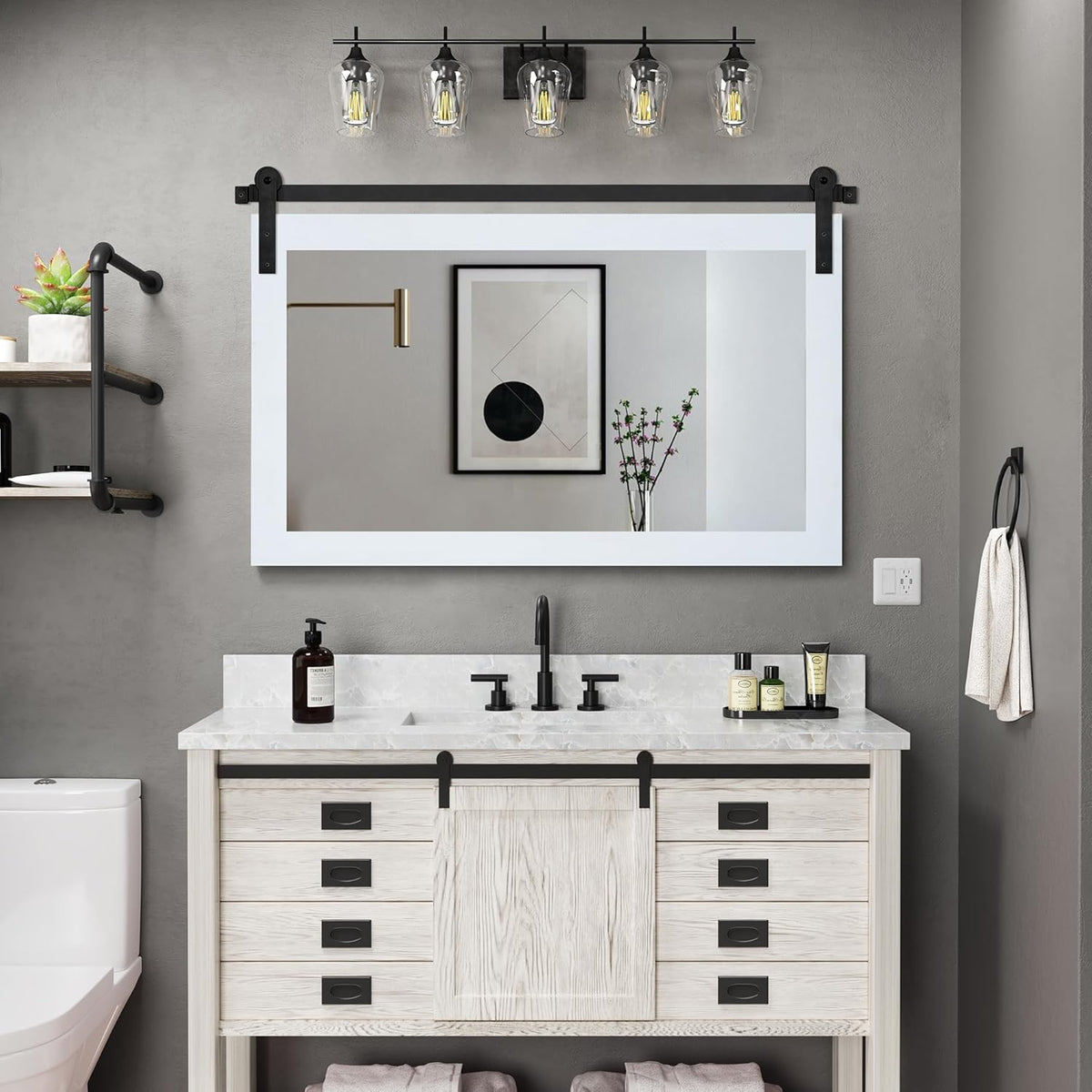 COGOOD Farmhouse Bathroom Mirror - 41" x 30" Rustic Barn Door Mirror for Living Room, Entryway