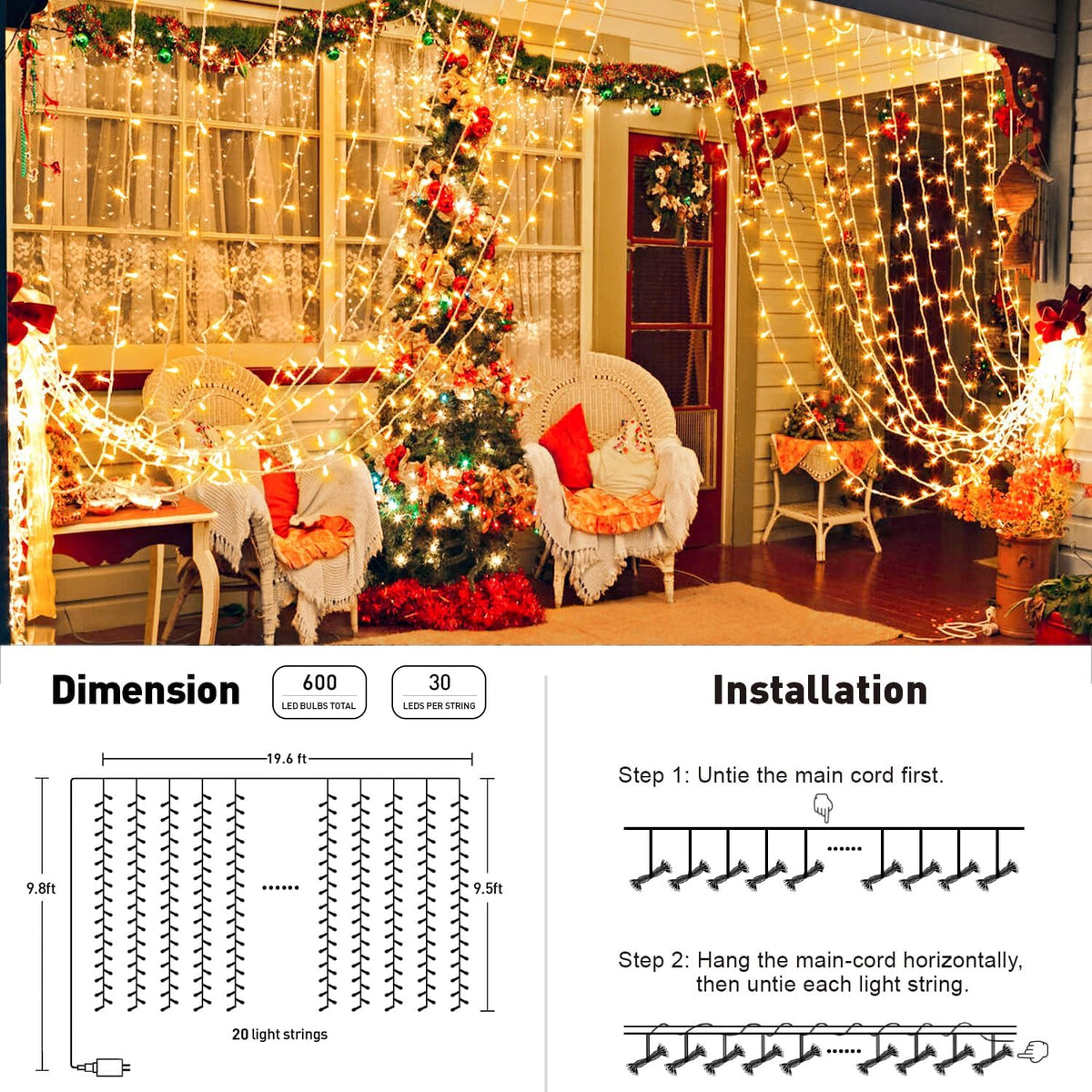 JMEXSUSS 600 LED Christmas Curtain Lights Outdoor, 9.5x19.6ft Christmas String Light Plug in with