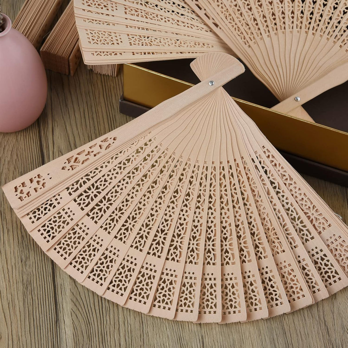FEPITO 50 Pieces Wooden Handheld Paper Fan Wooden Folding Fans with Bamboos for Wedding Gift