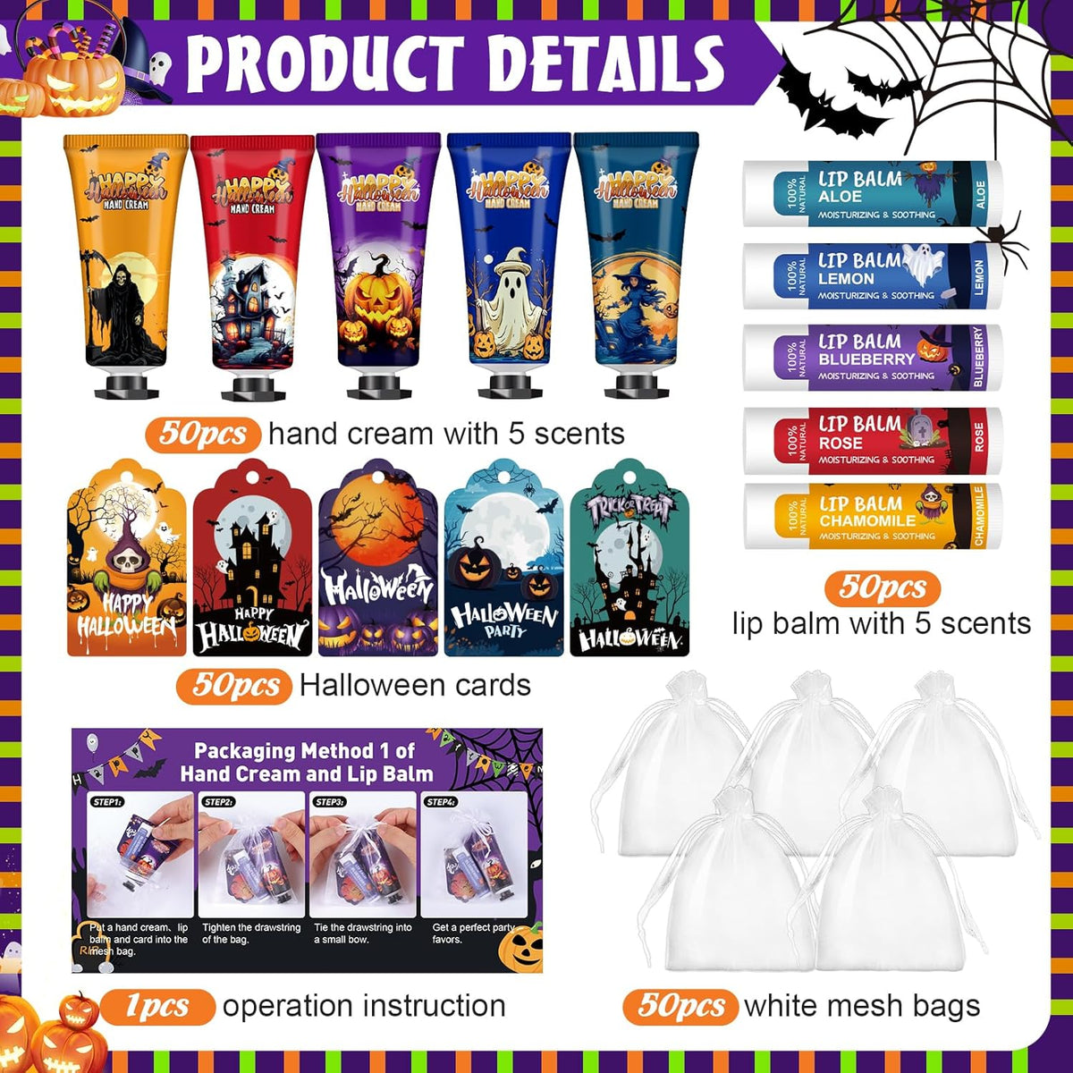 VESPRO 50 Pack Halloween Hand Cream and Lip Balm Set, Bulk Halloween Gifts with Halloween Cards and